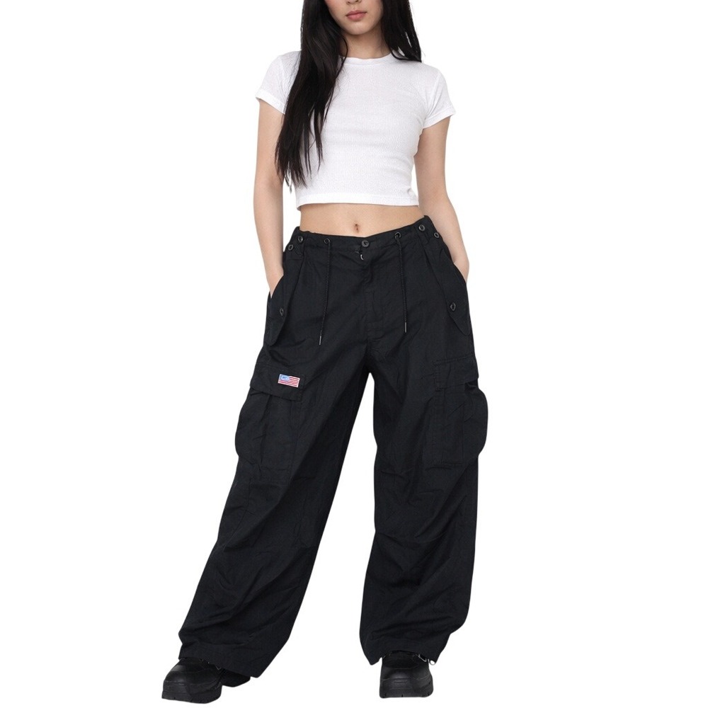 UFO Vintage Rave Cargo Pants Wide Leg Parachute 90s Y2K Black